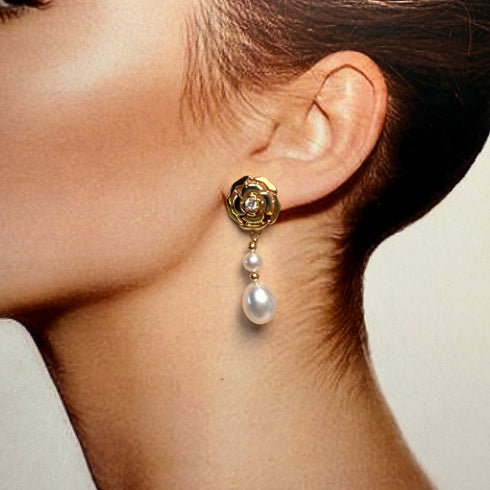 Camellia Pearl Long Drop Earrings